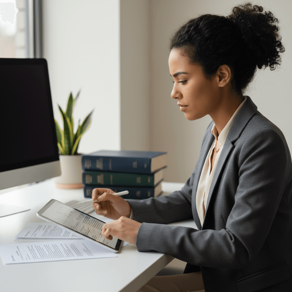 Professional insurance claim specialist reviewing documents at desk